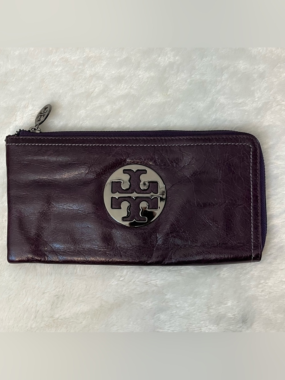 Tory Burch Purple Leather Half Zip Around Wallet